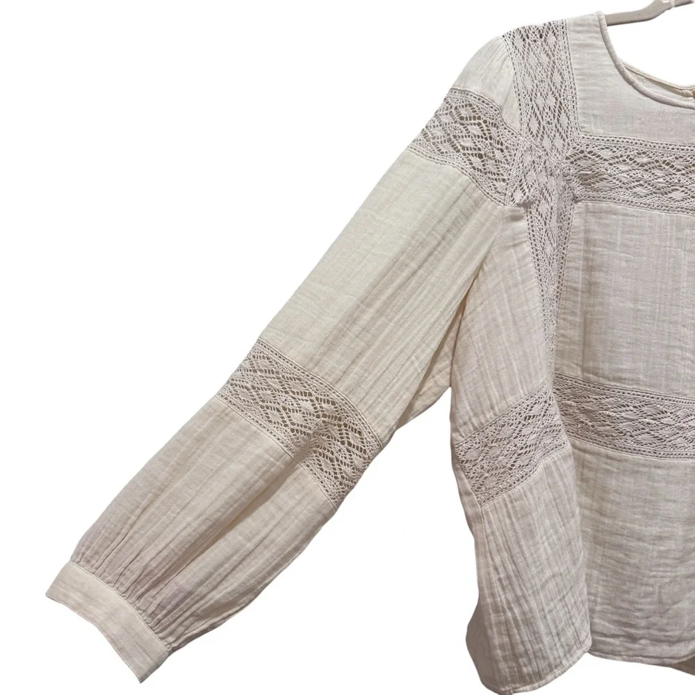 Indi & Cold Cotton Gauze Long Sleeve Top Boho Cottage Prairie Peasant Cream XL